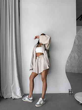 Женский летний прогулочный оверсайз костюм двойка: рубашка и шорты лен Беж Одесса