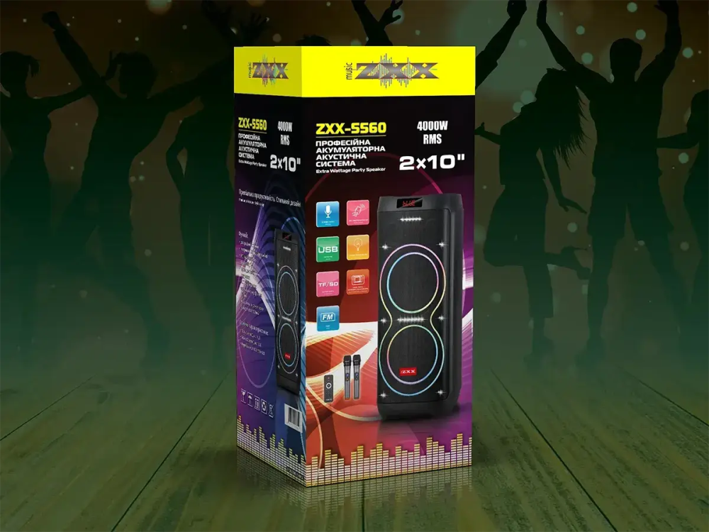 Портативна акустична колонка ZXX-5560 100Вт, 2×10" динаміка, TWS/FM/USB/TF/BT/LED, 2 мікрофони, пульт ДК, акумуляторна Одеса - фото 5