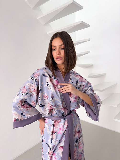 Шовковий халат жіночий кімоно довгий на запах COSY Morning Bloom в подарунковій коробці лавандовий Одеса - фото 6
