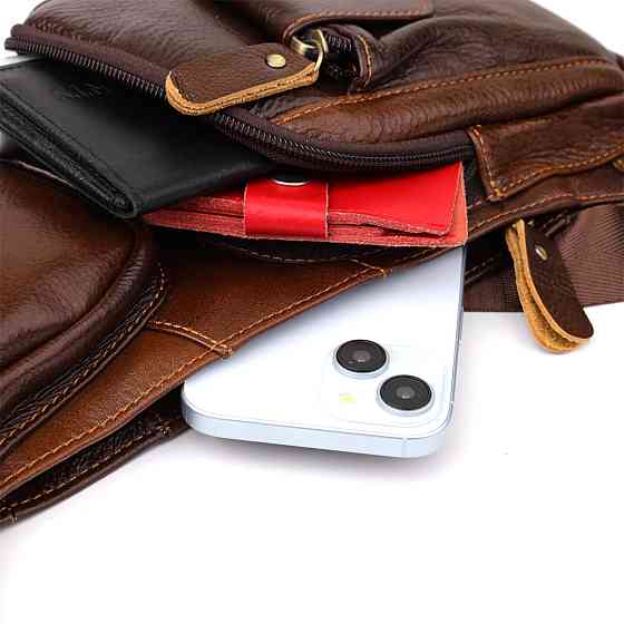 Чоловіча сумка з великою кількістю кишень із натуральної шкіри Коричневий (Vintage) Київ