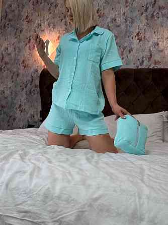 Женская пижама двойка + косметичка из натуральной ткани муслин Бирюза, 46/48 Одесса