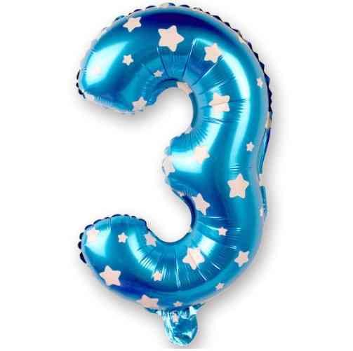 Шарик цифра 3 фольгированная со звездочками 32 дюйма голубой Киев