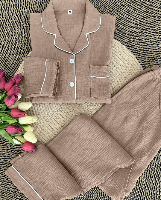 Женский базовый домашний костюм качественный турецкий муслин Бежевый, 46/48 Одесса - изображение 1