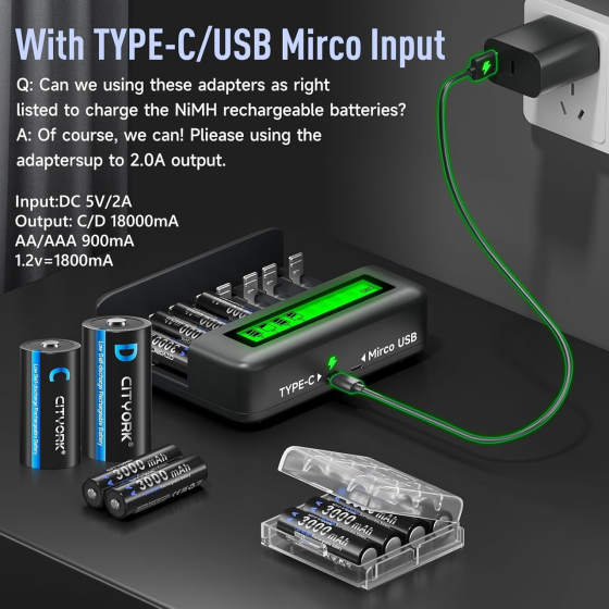 Зарядное устройство CITYORK + 4 аккумулятора C 5000 mAh | 8 слотов AA/AAA/C/D | LCD дисплей | USB Type-C Киев