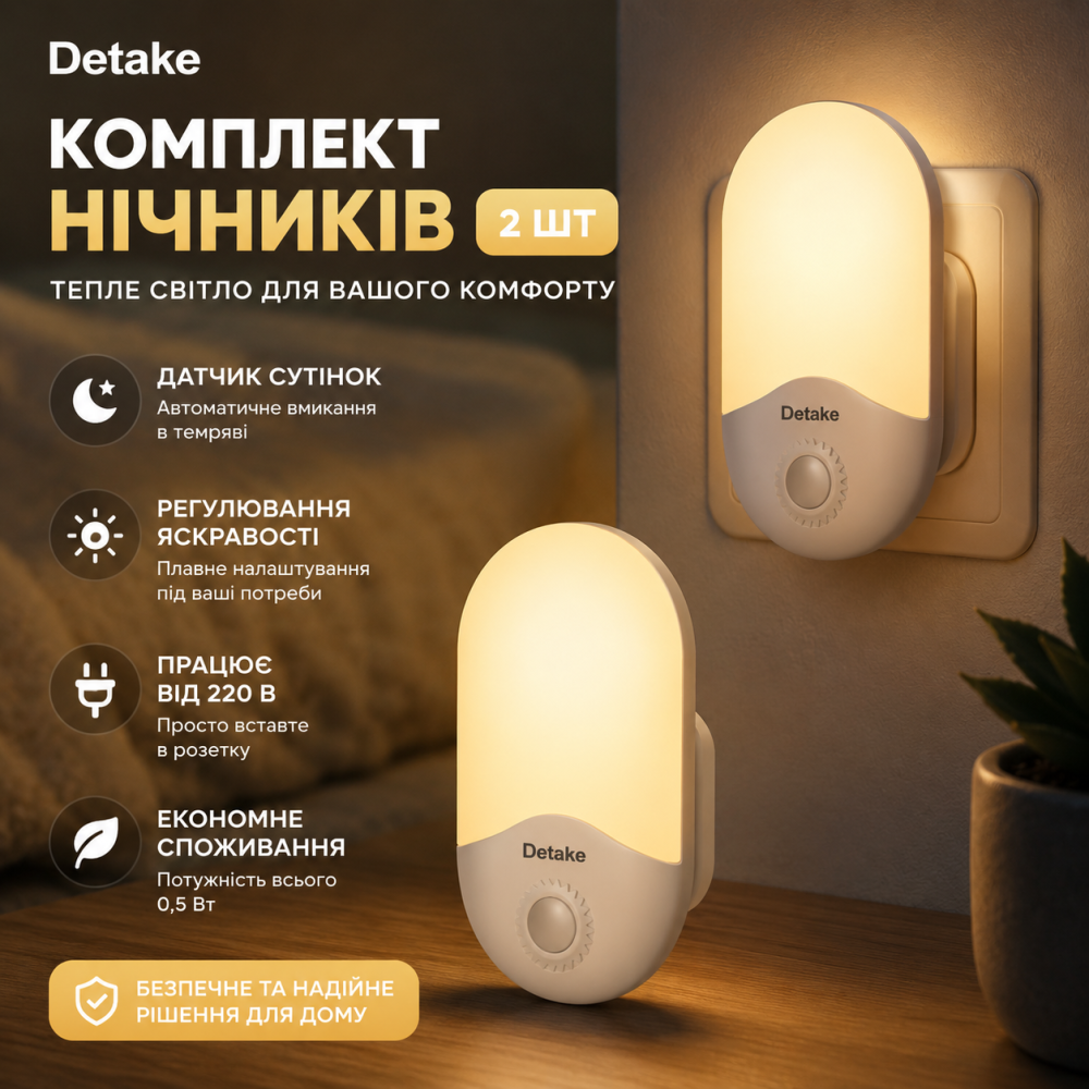 Уцінка Комплект нічників 2 шт LED з датчиком сутінків, регулюванням яскравості, 220 В, 0,5 Вт, тепле світло Київ - фото 8