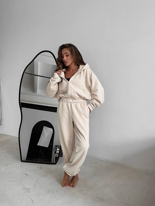 Жіночий стиглий повсякденний теплий костюм тринитка на флісі Молочний, 46/48 Одеса - фото 2