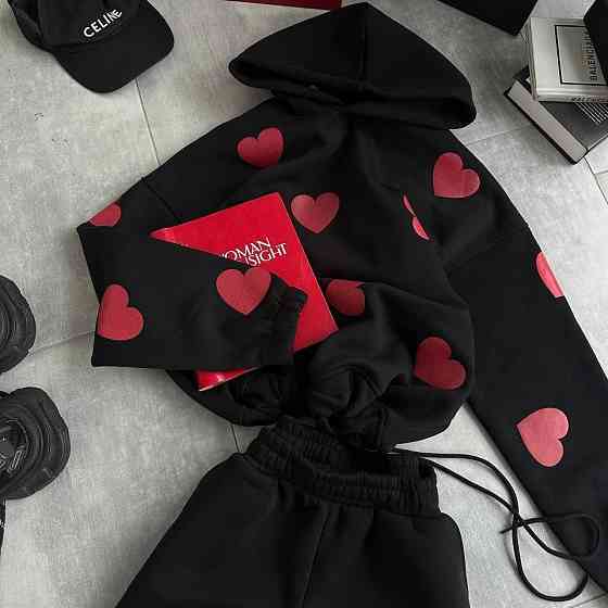 Жіночий теплий костюм-двійка з сердечками тринитка на флісі Чорний, 42/46 Одеса
