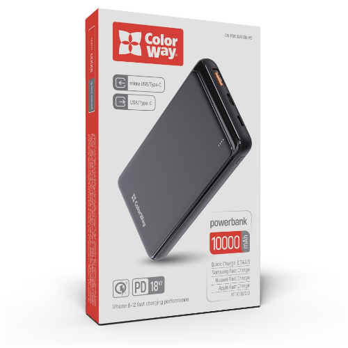 Павербанк 10000 mAh ColorWay CW-PB100LPG3BK-PD 18W QC+PD slim світлодіодний індикатор чорний Житомир - фото 2