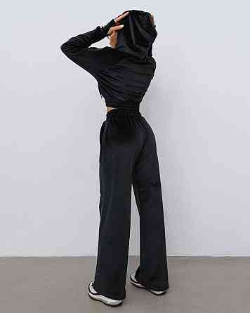 Жіночий повсякденний велюровий костюм-двійка із широкими штанами та укороченою кофтою плюшевий велюр Чорний, 42/44 Одеса