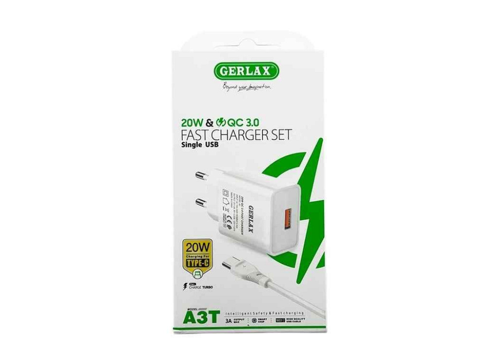 Сетевое зарядное устройство Type-C A3T 3A/1USB/20W/QC3.0 белый 1м ТМ GERLAX Киев - изображение 1