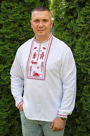 Вышиванка мужская льняная, белая, длинный рукав, лен  топ 56/58 Киев