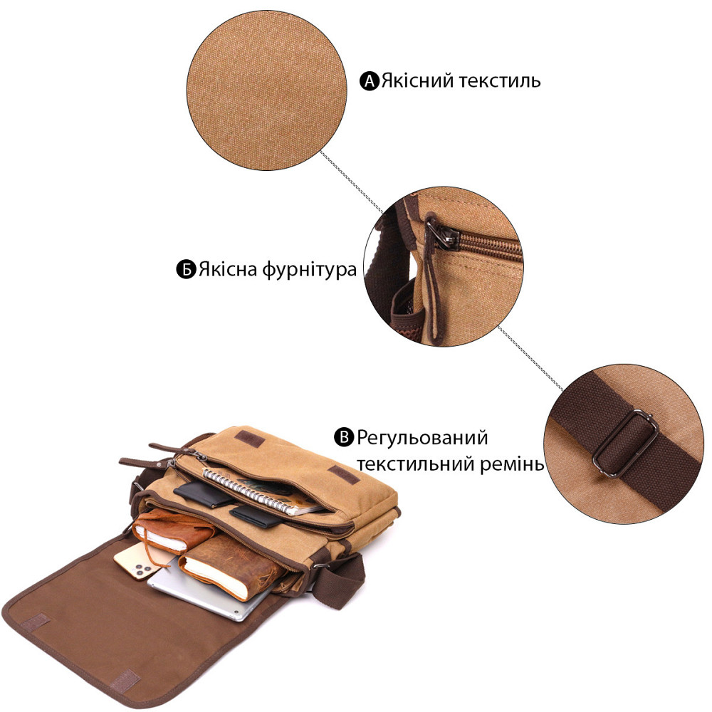 Містка текстильна сумка для ноутбука 13" через плече Коричнева (Vintage) Київ - фото 8