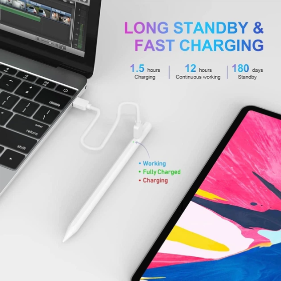 Стилус Active Capacitive Stylus для iPad, тонкий наконечник 1,5 мм, Palm Rejection, наклон, 12 часов работы, белый Киев