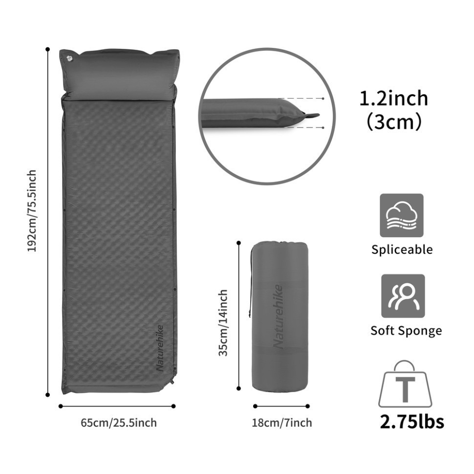 Килимок самонадувний одномісний з подушкою Naturehike CNK2300DZ014, 60мм, графіт Киев - изображение 2
