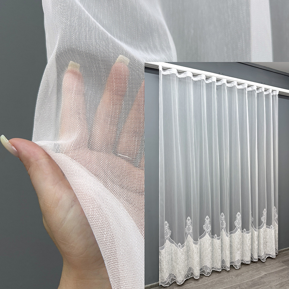 Тюль VR-Textil 1814т Бамбук с вышивкой и бархатом Белый 300х270 см (40-115) Киев - изображение 1