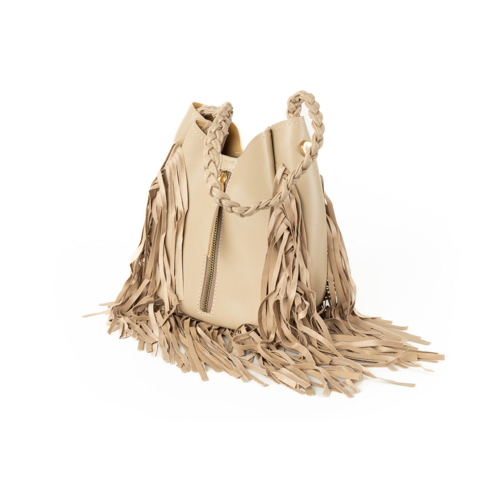 Сумка женская стильная с бахрамой из качественной искусственной кожи, Бежевый Каменец-Подольский - изображение 1