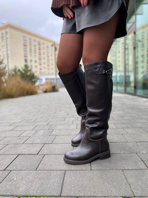 Чоботи з натуральної шкіри жіночі зимові шоколадні C122 / Чоботи на низькому ходу шкіряні р. 36 Коломия - фото 6