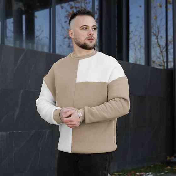 Мужской двухцветный стильный свитшот Pobedov The One. Свитшот оверсайт осенне-зимний молочно-песочный Киев