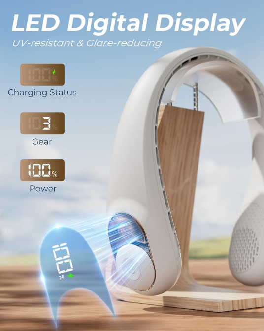 Вентилятор на шию TUNISE, 4000 мАг, 3 швидкості, LED-дисплей, USB-C, 360°, до 12 годин роботи, колір слонової кістки Київ - фото 5