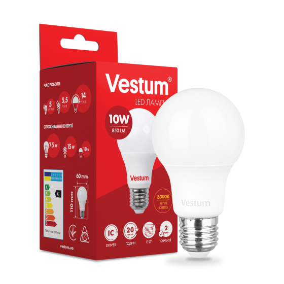Лампочка светодиодная 220в 10W 3000K A60 Vestum Киев