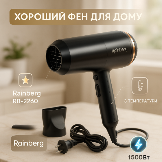 Потужний фен для швидкого укладання волосся Rainberg RB-2260 1500Вт, Класичний фен для волосся HF-10 Львів