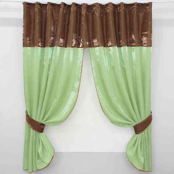 Кухонные шторы VR-Textil № 073к с ламбрекеном и подхватами светло-оливковый с коричневым 270х170 см (52-0353) Киев