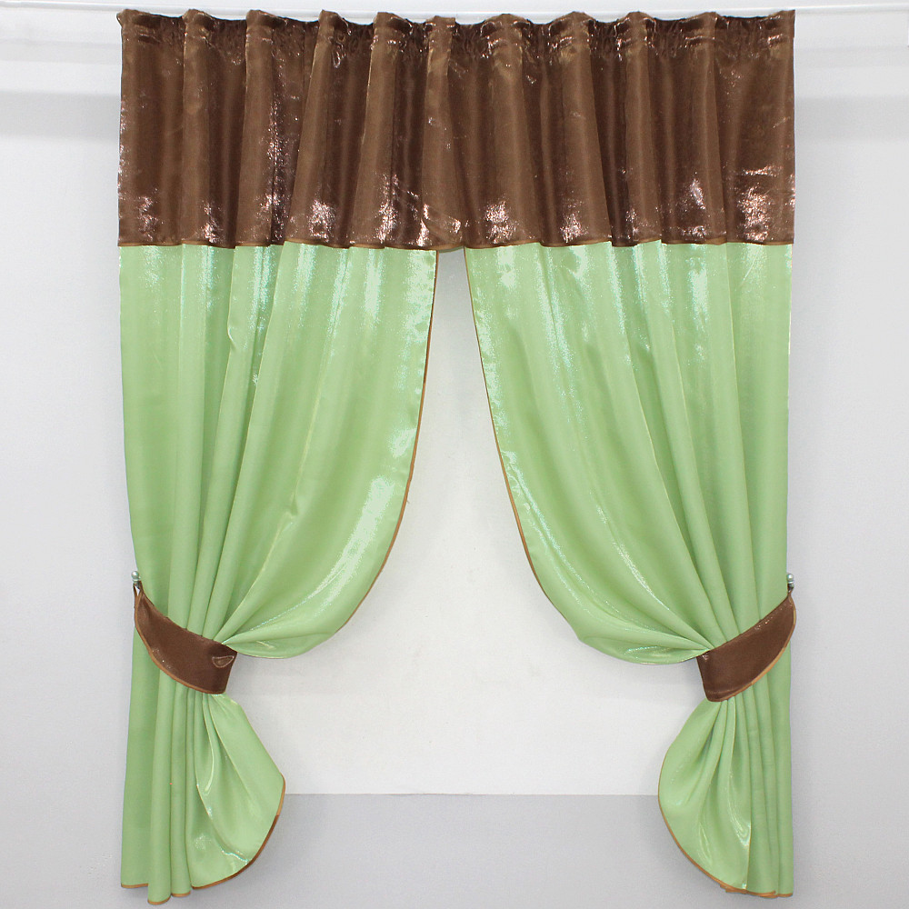 Кухонные шторы VR-Textil № 073к с ламбрекеном и подхватами светло-оливковый с коричневым 270х170 см (52-0353) Киев - изображение 1