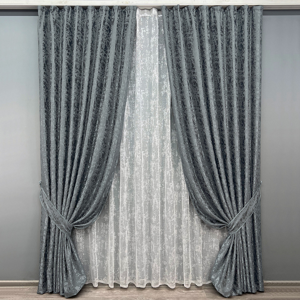 Комплект штор VR-Textil Льон Мармур 200х270 2шт і Тюль 500х270 1262ш-1400т Графітовий з білим 71-132/6 Київ - фото 1