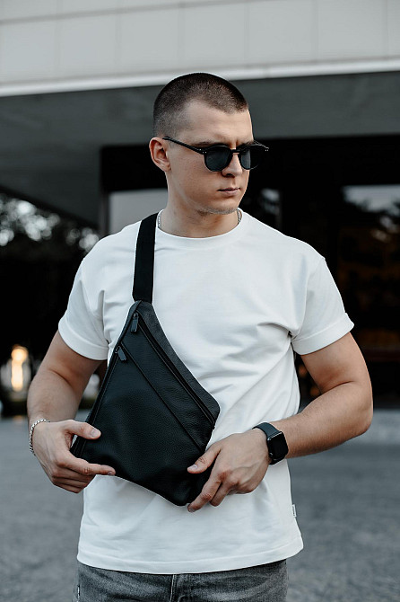 Сумка-слінг із натуральної шкіри, сумка через плече чоловіча SL024 (Чорна) Суми - фото 4