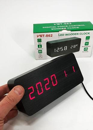 =Дерев'яний настільний годинник VST 862 з LED-дисплеєм у червоному відтінку, будильником та термометром. Одеса - фото 3