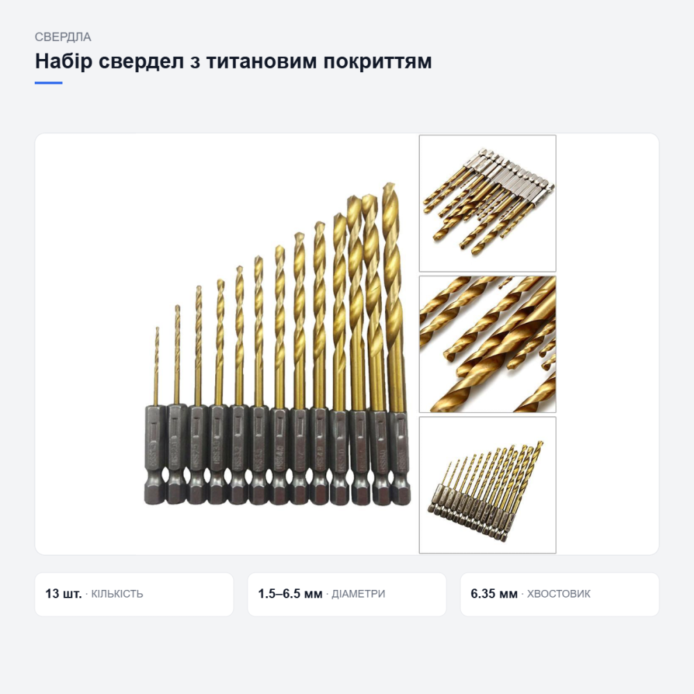 Набір свердел HSS 13 шт 1.5–6.5 мм з титановим покриттям, шестигранний хвостовик 6.35 мм Київ - фото 8
