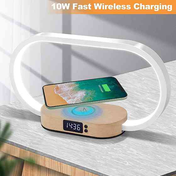 Настільна лампа Wanjiaone з годинником, LED, димером, 10W бездротова зарядка, USB, біло-дерев’яна Київ