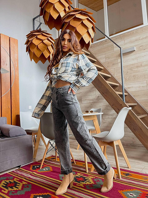 Женские голубые джинсы трубы-палаццо коттон 100% Серый, 38 Одесса - изображение 10