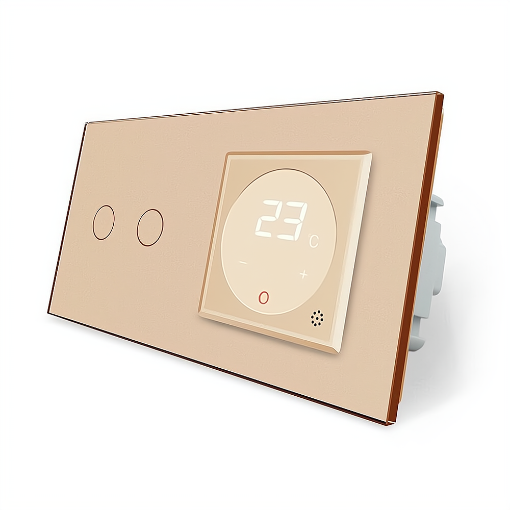 Комбінований терморегулятор (термостат) програмований для електричної теплої підлоги та 2-сенсорний вимикач LIVOLO, золотий скляний, в одній рамці (VL Коломия - фото 2