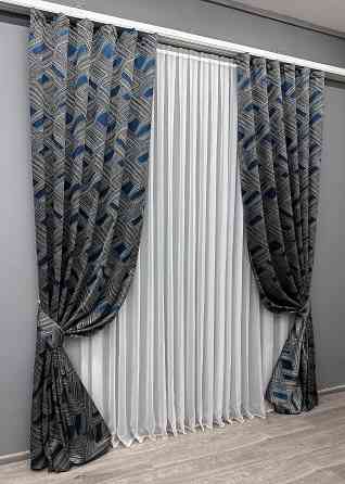 Комплект готовых штор VR-Textil Жаккард Mystery № 1624ш Серый с синим 150х290 см 2 шт (33-0533) Киев
