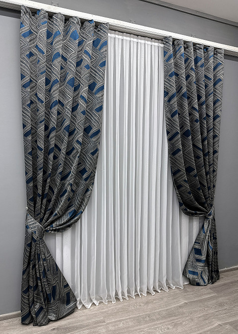 Комплект готовых штор VR-Textil Жаккард Mystery № 1624ш Серый с синим 150х290 см 2 шт (33-0533) Киев - изображение 3