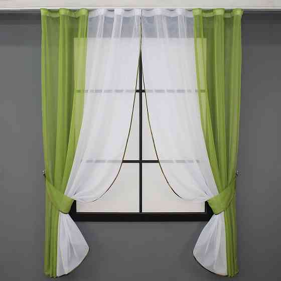 Кухонные шторы VR-Textil № 017к комбинированные с подвязками оливковый с белым 265х170 см (50-018) Киев