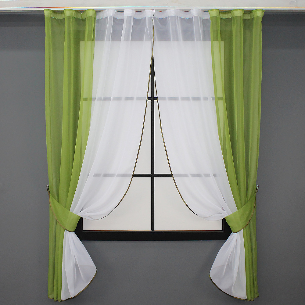 Кухонные шторы VR-Textil № 017к комбинированные с подвязками оливковый с белым 265х170 см (50-018) Киев - изображение 1