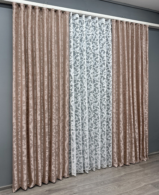 Комплект штор VR-Textil Жакард Вензель 150х270 2шт і Тюль 500х270 090ш-1147т Пудровий з білим 71-096/4 Київ - фото 3