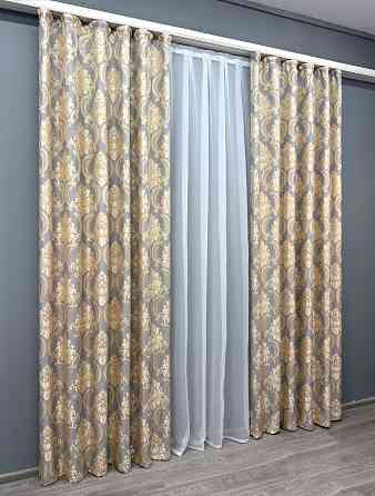 Комплект готовых штор VR-Textil Лен Корона Мария № 1265ш Темно-серый с золотистым 150х270 см 2 шт (33-0103) Киев