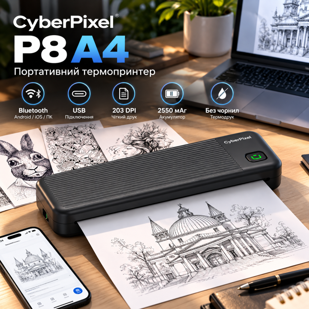 Портативний термопринтер CyberPixel P8 A4, Bluetooth, USB, 203 DPI, акумулятор 2550 мАг, без чорнил, для Android iOS ПК, чорний Київ - фото 1