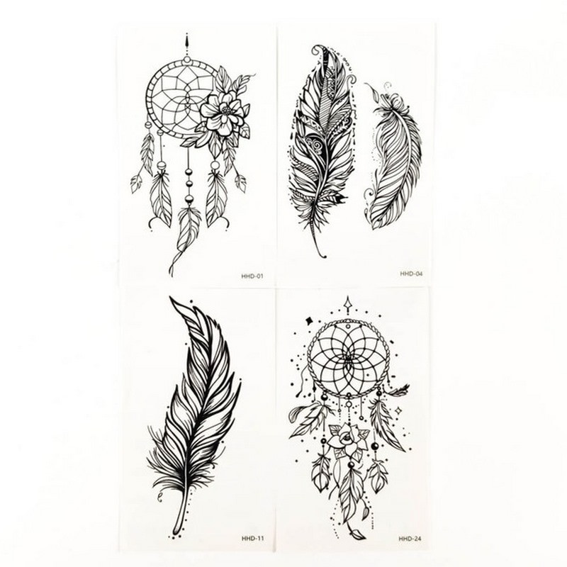 Набір тимчасових тату "Ловці снів та пір'я" black-tattoo-mini-set-dre із 4 чорних по 9,5 х 5,5 см Вінниця - фото 1