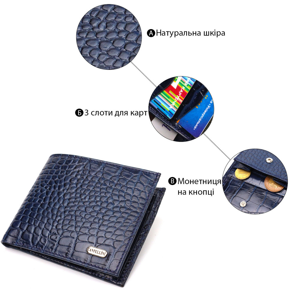 Интересное мужское портмоне из натуральной фактурной кожи CANPELLINI 21774 Синее Киев - изображение 4