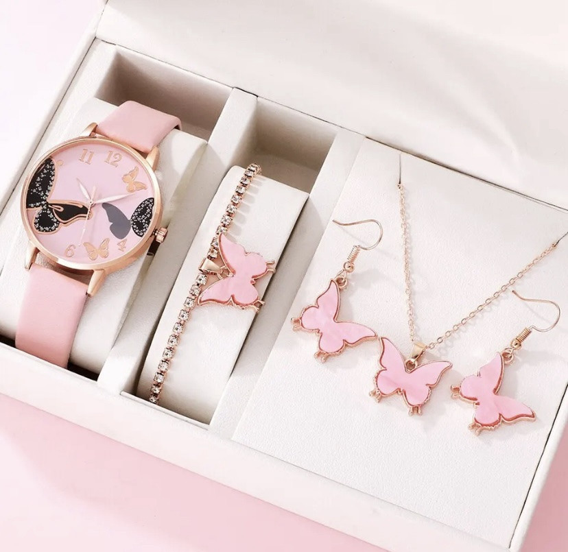 Подарочный набор для женщин Бабочка: наручные часы, браслет, ожерелье и серьги- без подарочной коробки розовый Киев - изображение 2