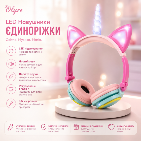 LED Навушники-єдиноріжки Olyre Unicorn зі світлодіодним підсвічуванням, 3.5 мм, Рожеві Київ