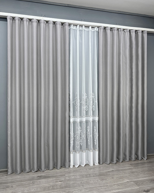 Комплект штор VR-Textil Лен Мешковина 150х270 2шт и Тюль 500х270 867ш-1701т Светло-серый с белым 71-179/4 Киев - изображение 11