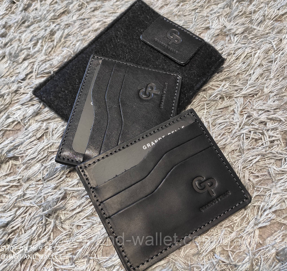Чорний шкіряний картхолдер із відділенням для купюр Grande Pelle Київ - фото 4
