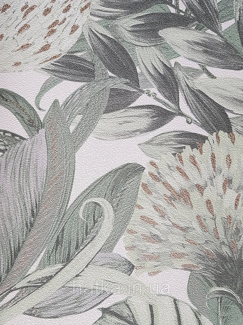 Шпалери метрові вініл на флізелін дизайнерські Erismann Elle Decoration 2 квіти листя зелене золото на білому Київ - фото 3