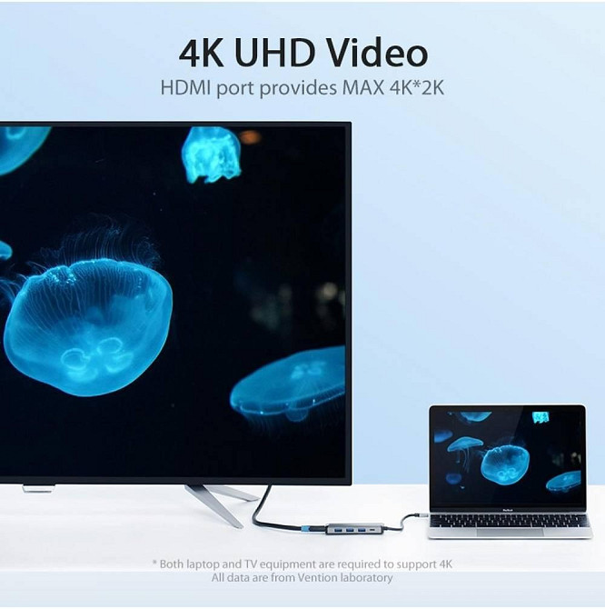 Хаб адаптер перехідник Vention Type-C - HDMI + USB3.0*3 + PD конвертер 15 см, колір металево сірий CNBHB Одеса - фото 3