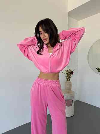 Женский велюровый костюм двойка: худи на молнии и штаны. Розовый, 46/48 Одесса